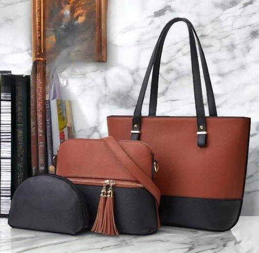 3 Piece Tote Handbag Elegant Design Premium Quality Smooth Finish Easy Carry For Daily Fashion Needs - Black and Skin