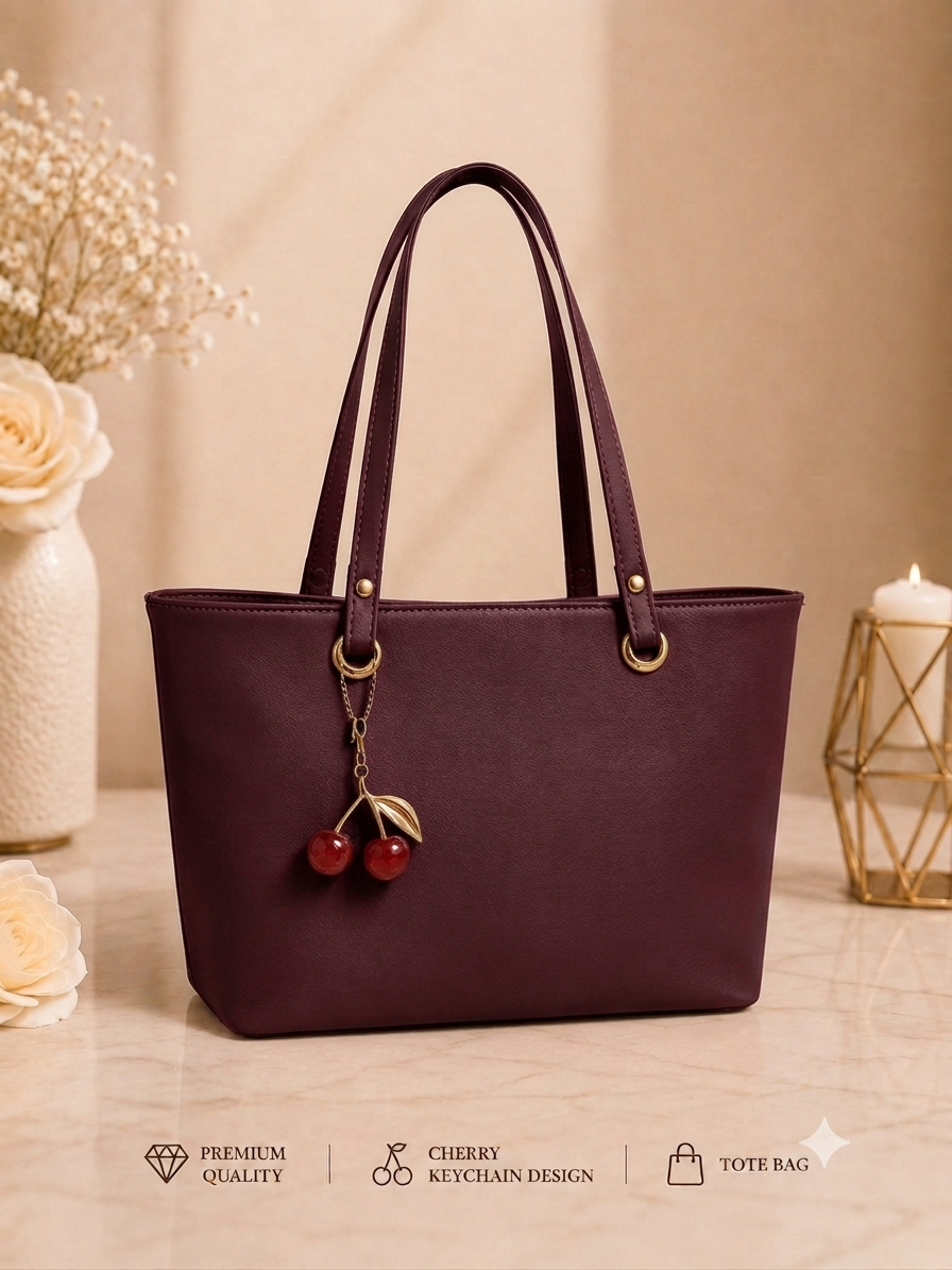 Cerry Charm Women's Tote Bag with Dual Zip Compartments, Back Pocket & Inner Pocket Pink