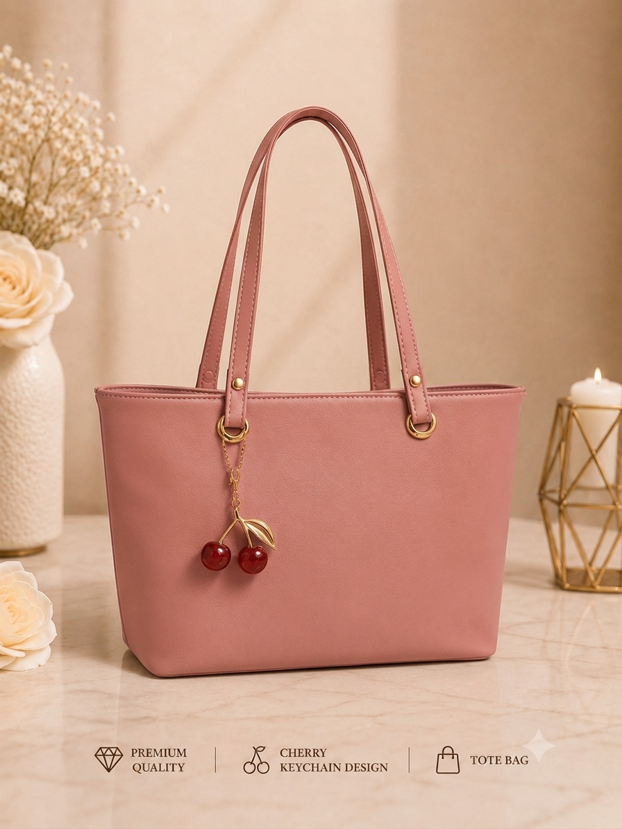 Cerry Charm Women's Tote Bag with Dual Zip Compartments, Back Pocket & Inner Pocket Pink