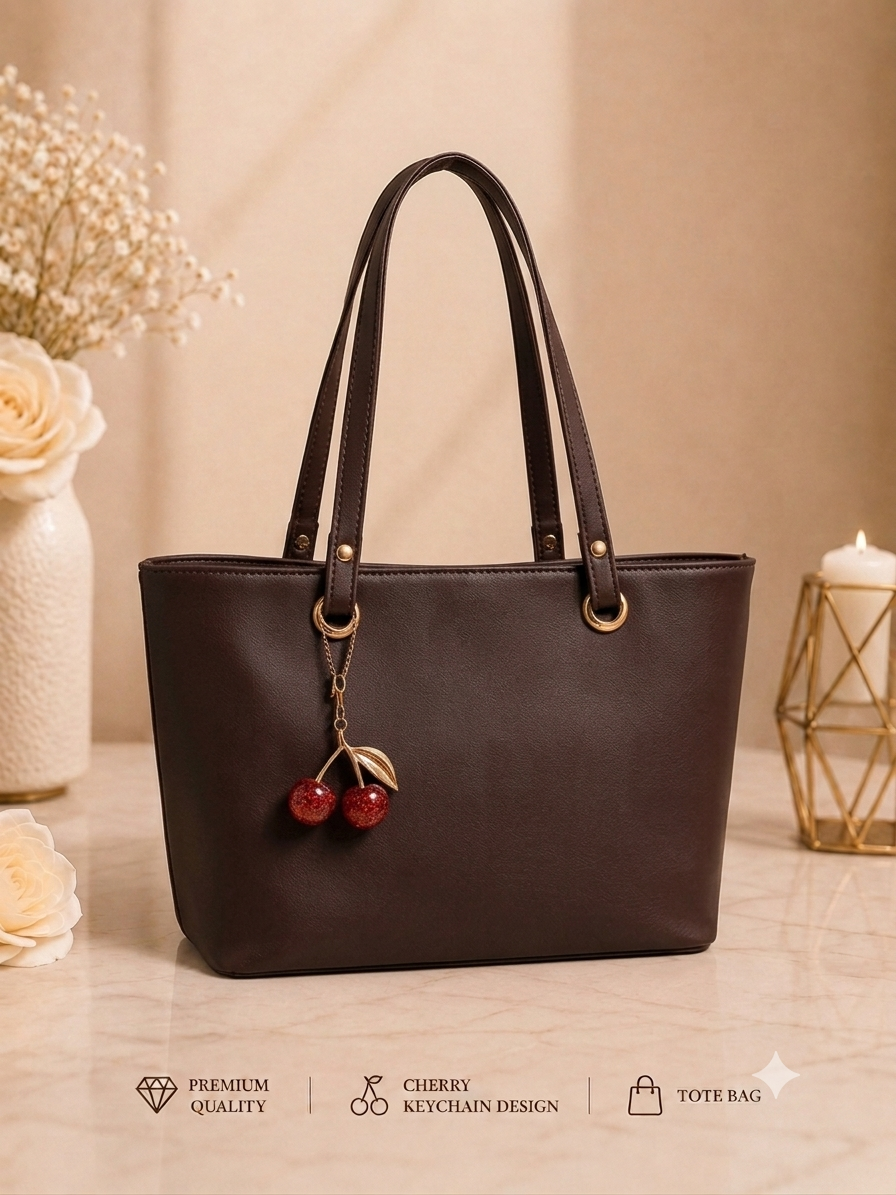 Cerry Charm Women's Tote Bag with Dual Zip Compartments, Back Pocket & Inner Pocket Pink