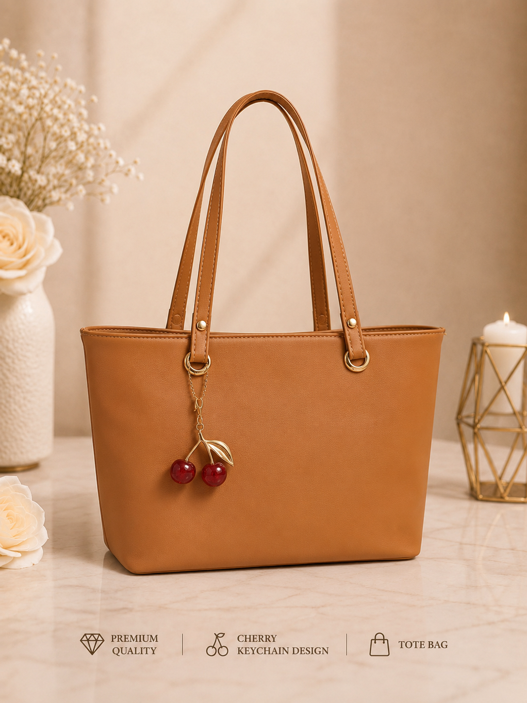 Cerry Charm Women's Tote Bag with Dual Zip Compartments, Back Pocket & Inner Pocket Pink
