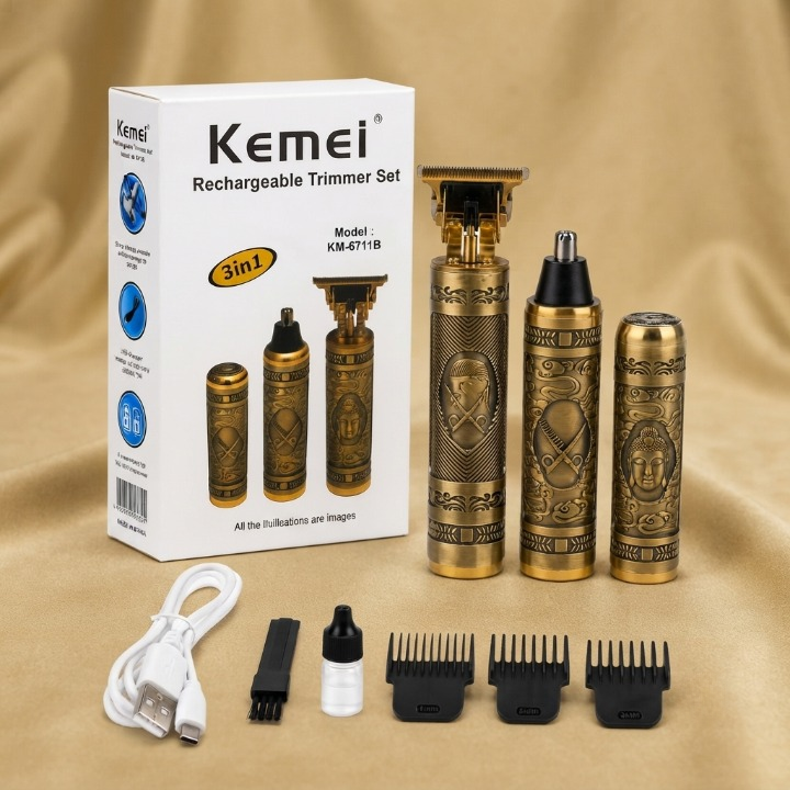 Kemei Km-6711B 3-In-1 Rechargeable Trimmer Set - Personal Care Product Designed For Grooming And Daily Shaving Routine