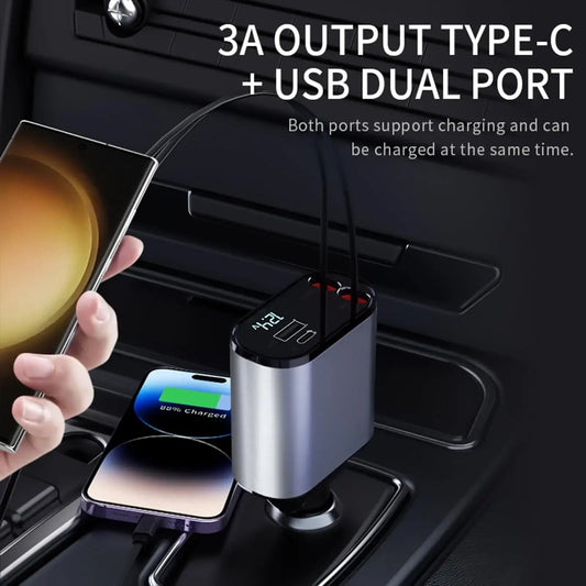 4 In 1 Car Charger 120W Retractable Design Without Light Durable Reliable Fast Charging Compact