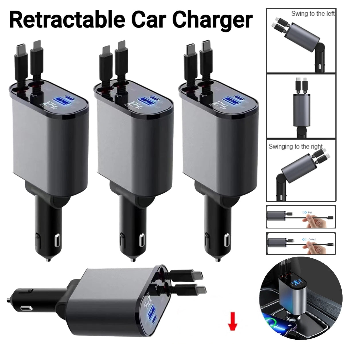 4 In 1 Car Charger 120W Retractable Design Without Light Durable Reliable Fast Charging Compact