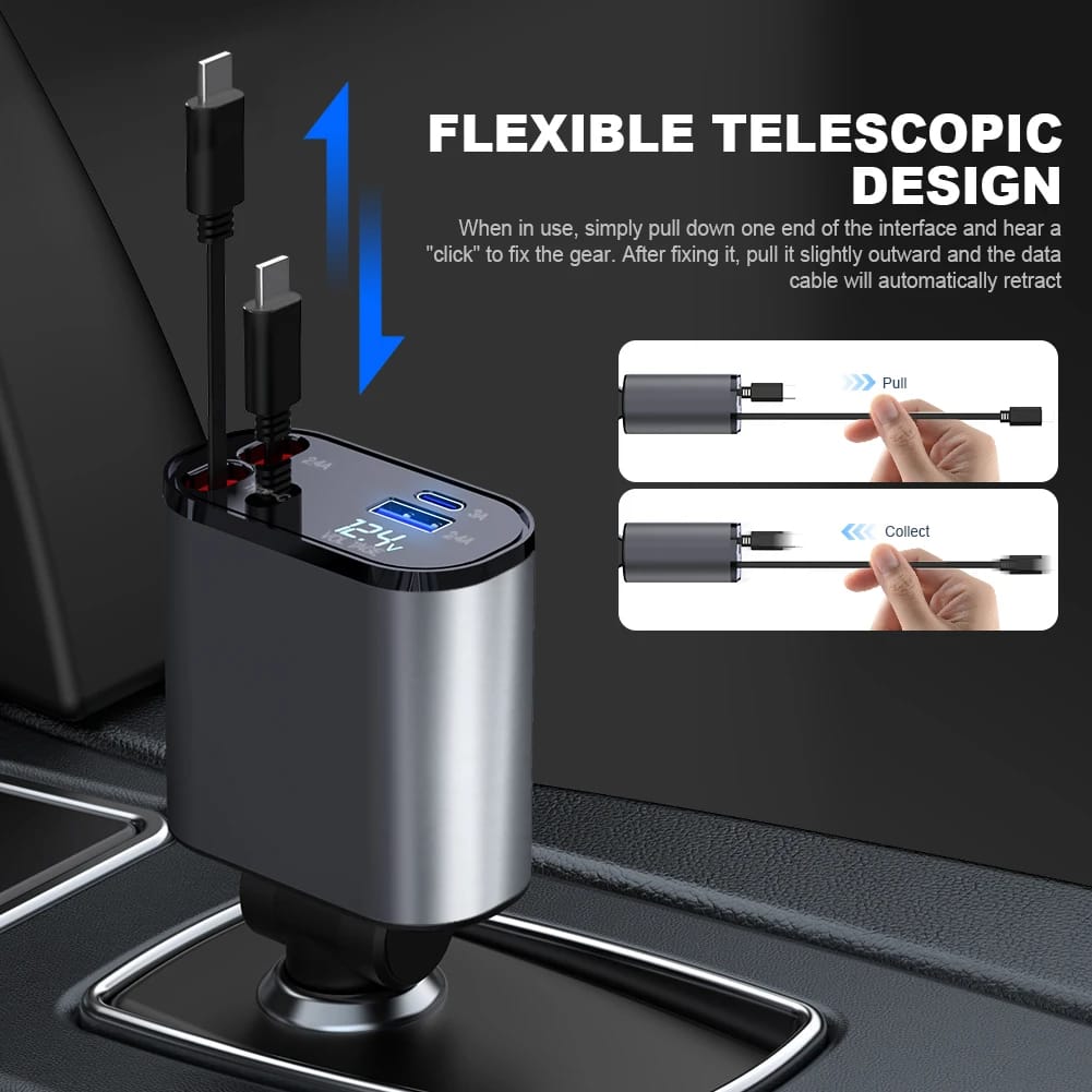4 In 1 Car Charger 120W Retractable Design Without Light Durable Reliable Fast Charging Compact